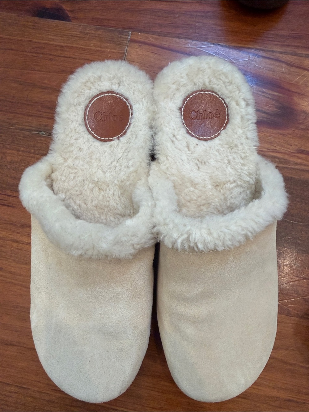 Chloé Cream Shearling Suede Slip-On Slippers